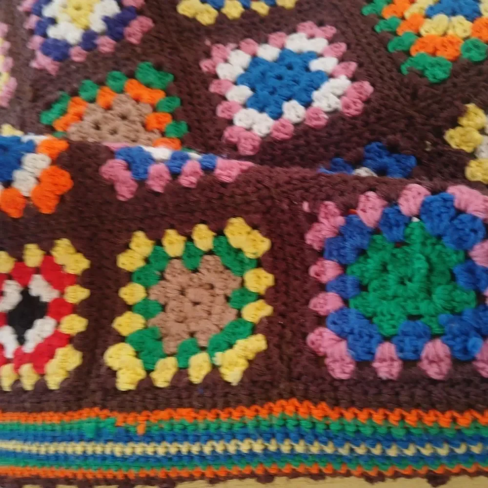 Vintage 70's Handmade Blanket Granny Square Farmhouse Multi-Color Crochet Unique